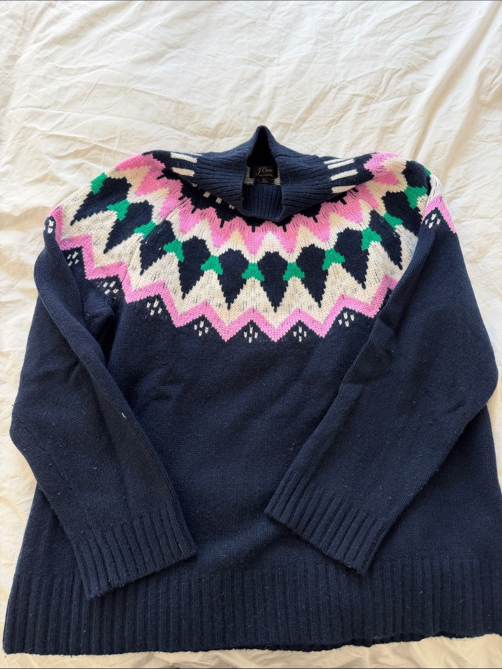 J. Crew Collection Navy Fair Isle Turtleneck Sweater with Pink & Green Accents